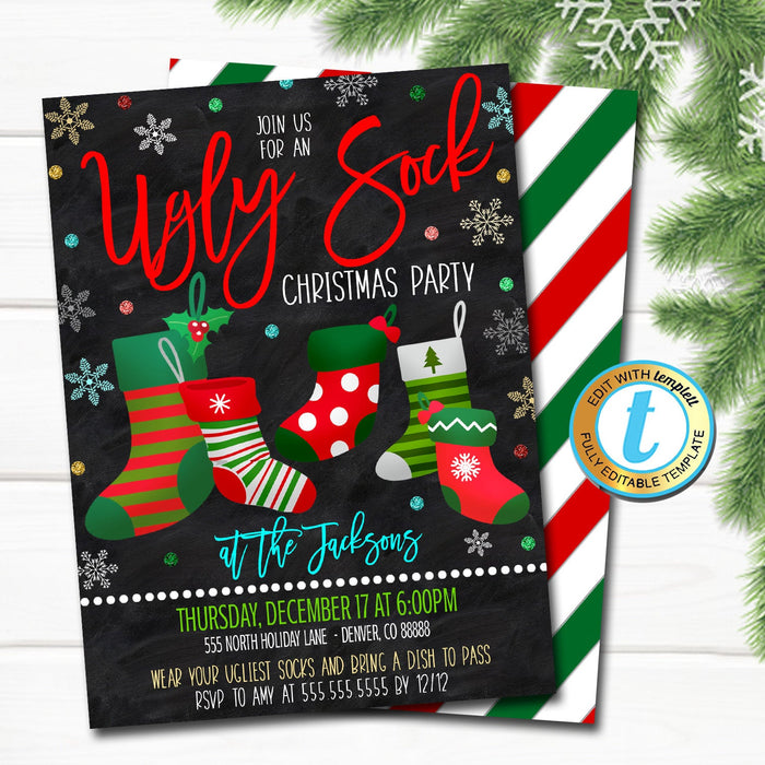 Ugly Sock Christmas Party Invitation, Chalkboard Sock Exchange Invite, Holiday Ugly Sweater, Adult Cocktail Party, DIY  Template