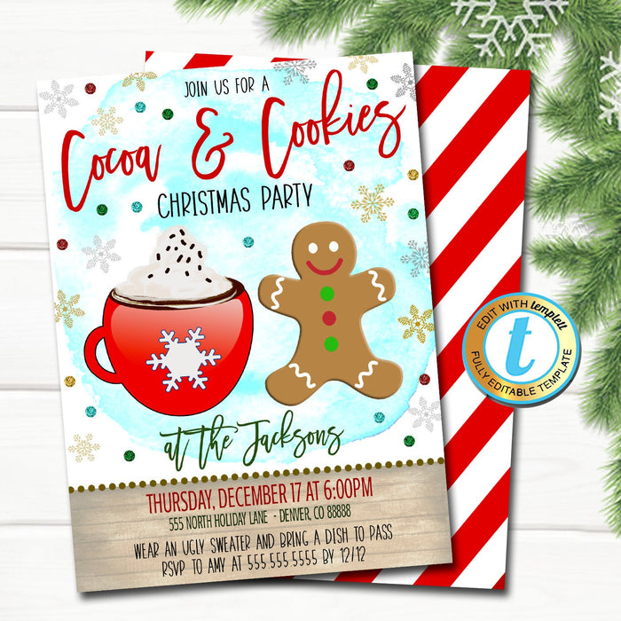 Cocoa and Cookies Christmas Party Invitation, Kids Gingerbread Birthday Invite, Holiday Cookie Exchange Decorating Party,  Template