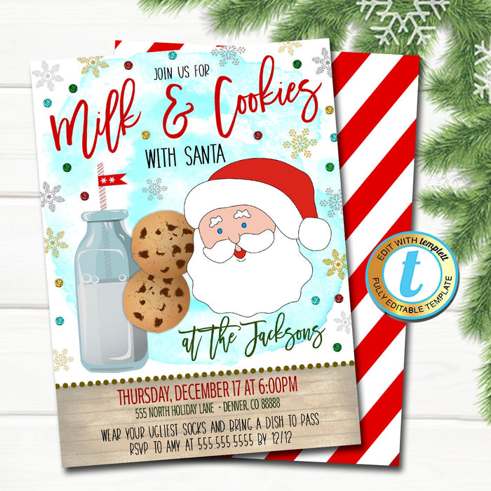 Milk and Cookies Christmas Party Invitation, Kids Xmas Birthday Invite Holiday Santa Cookie Exchange Decorating Party DIY Template