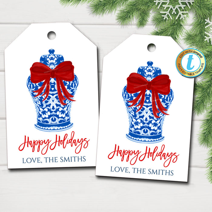 Christmas Ginger Jar Gift Tags, Xmas Gift Label Red Ribbon, Preppy Holiday Southern Style Chinoiserie Chic, DIY  Template Download