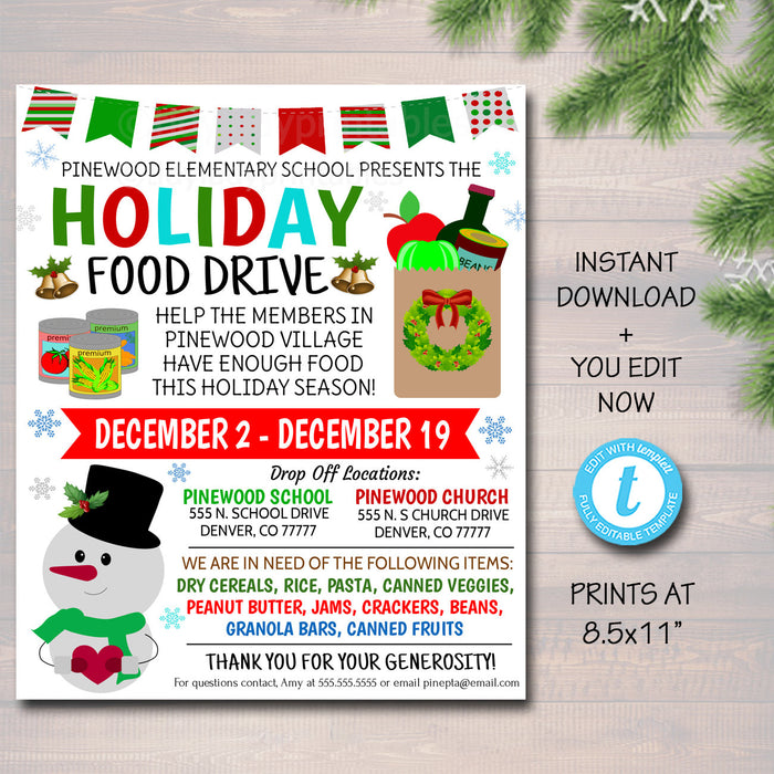 Holiday Food Drive Flyer, Christmas Printable PTA PTO Flyer, School Church Xmas Fundraiser  Invite Nonprofit Charity Invitation, EDITABLE
