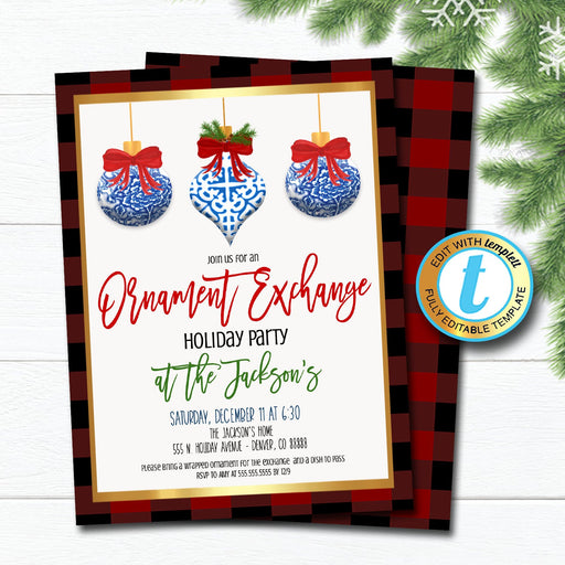 Ornament Exchange Party Invitation, Christmas Preppy Ginger Jar, Southern Chinoiserie Chic Invite, Holiday Party, Editable Template Download