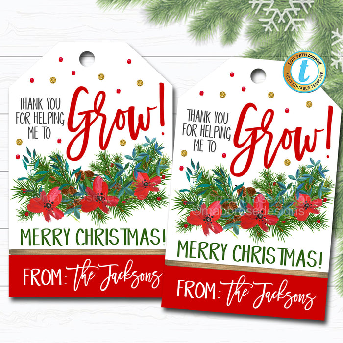 Christmas Floral Gift Tags, Holiday Thank You for Helping Me Grow Poinsettia Gift Tag, Coach Teacher Staff Xmas Label, DIY  Template