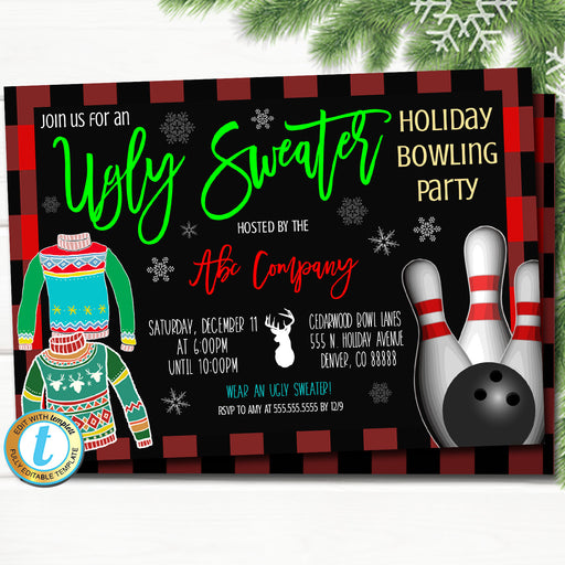 Christmas Bowling Party Invitation, Adult Holiday Invite, Ugly Sweater Party, Game Night Company Work Staff Party, DIY Self-Editing Template