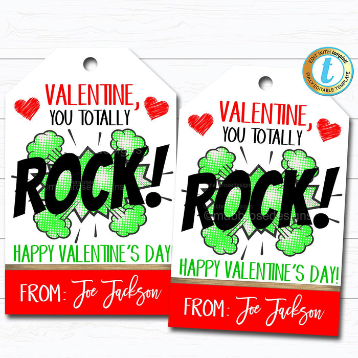 Valentine You Rock Gift Tags, Friend Valentine, Classroom Rock Candy Tag, Music School Teacher Staff Valentine, DIY  Template