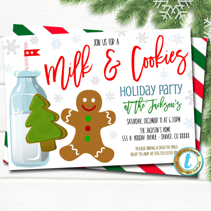 Milk and Cookies Christmas Party Invitation, Kids Gingerbread Birthday Preppy Invite, Holiday Cookie Exchange Party, DIY  Template