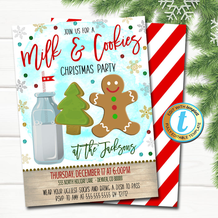 Milk and Cookies Christmas Party Invitation, Kids Gingerbread Birthday Invite Holiday Cookie Exchange Decorating Party DIY Template