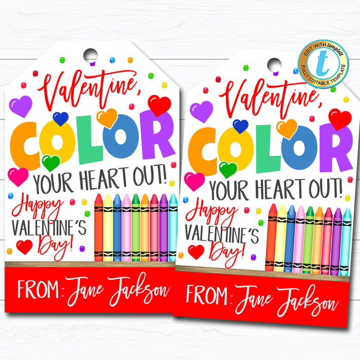 Valentine Crayon Gift Tags, Color Your Heart Out Non Candy Valentine Tag, Classroom School Teacher Staff, Valentine DIY  Template