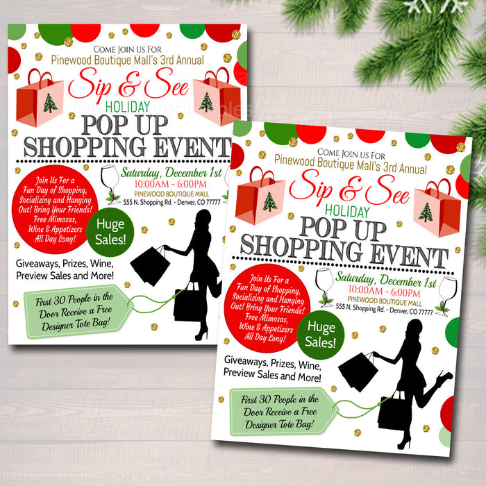 Christmas Shopping Flyer, Holiday Pop up Shop Boutique Show Invitation, Women's Sip & Shop Shopping Event, Sales Xmas Announcement, EDITABLE