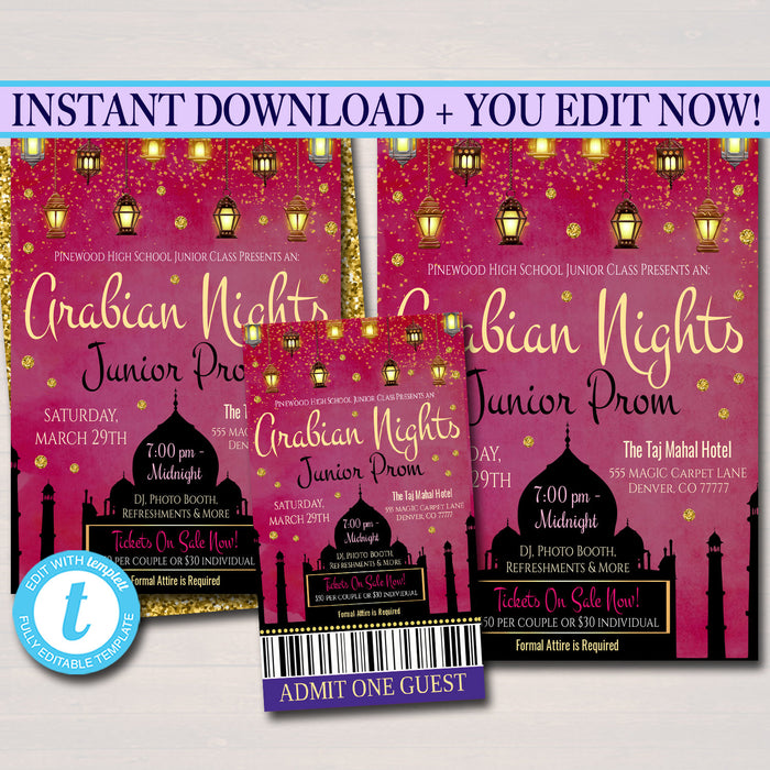 Arabian Night Prom Dance Set, Flyer Invitation Ticket Printable