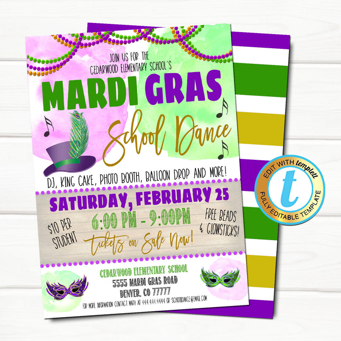 Mardi Gras Dance Flyer and  Invitation, School Dance Church Pto Pta Flyer