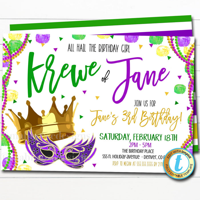 Mardi Gras Birthday Party Invitation, Krewe of Fat Tuesday King Cake Beads Party, Editable Template, New Orleans Sprinkle, DIY Self-Editing