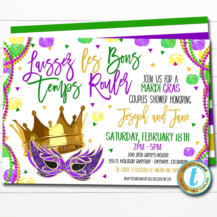 Mardi Gras Couples Shower Party Invitation, New Orleans Fat Tuesday Bridal Shower Engagement Party, Rehearsal dinner, DIY Editable Template