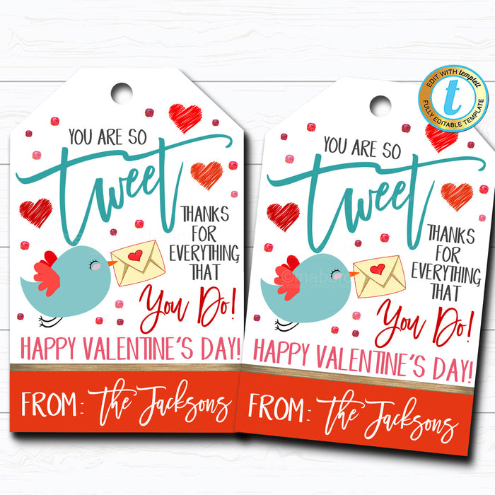 Valentines Gift Tags, You're So Tweet, Bird Appreciation Teacher Valentine, Candy Chocolate Cookie Treat Gift Label, DIY  Template
