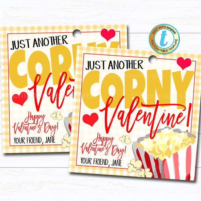 Valentine Popcorn Tags Another Corny Valentine Gift Tag, Heart Pop Gift Classroom School Teacher Staff Valentine Label DIY Editable Template