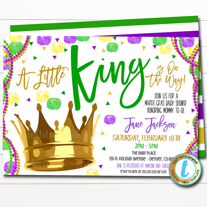 Mardi Gras Boy Baby Shower Invitation, Little King is on His Way, Fat Tuesday King Cake Beads Party, New Orleans Sprinkle, EDITABLE TEMPLATE