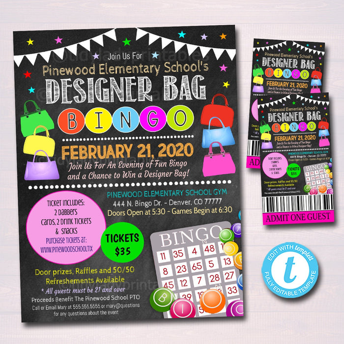 Designer Bag Bingo Night Flyer Ticket Set Printable Template