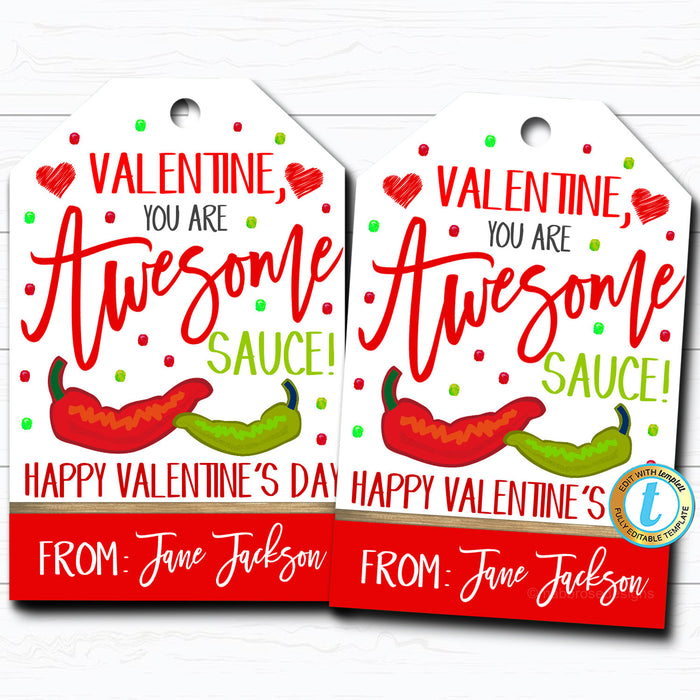 Valentine Gift Tags, You're Awesome Sauce Hot Salsa Valentine Gift, Chip Label School Teacher Staff Valentine Tag, DIY Editable Template