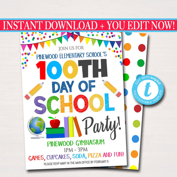100th Day of School Class Party Invitation, School pto pta, Printable Party Invite 100 Days Smarter Kids Teacher Classroom, INSTANT DOWNLOAD