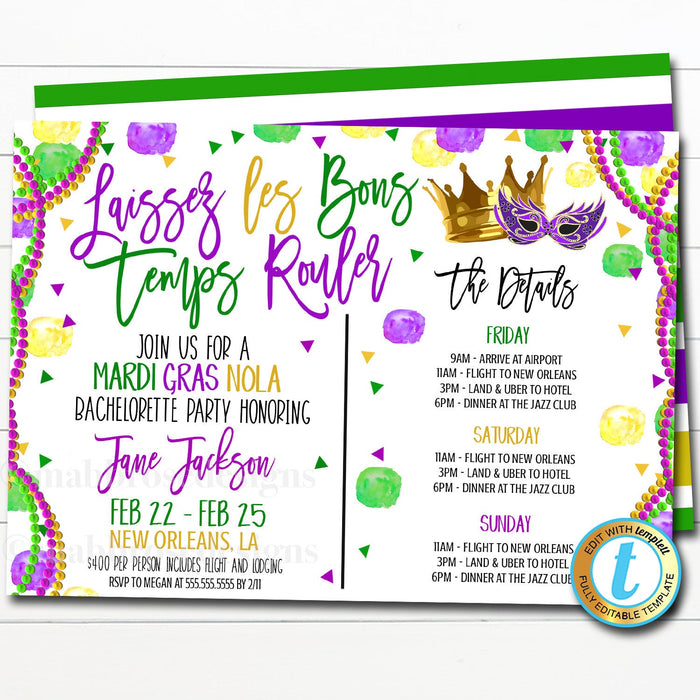Mardi Gras Bachelorette Weekend Itinerary Party Invitation, New Orleans Fat Tuesday Beads and Booze Bridal NOLA Invite DIY Editable Template