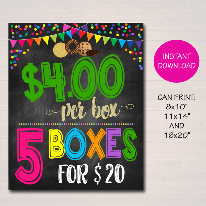 Cookie Price Sign, 4 dollars per box 5 for 20, Cookies Sold Here, Printable Cookie Booth Poster, Sale Fundraiser Display, INSTANT DOWNLOAD