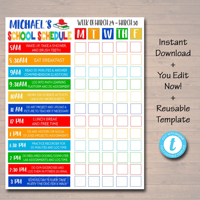 Homeschool Schedule - Homework Organizer Editable Template