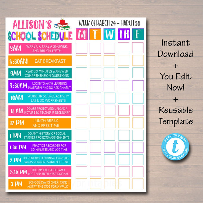 Homeschool Schedule - Daily Weekly Subject Checklist Editable DIY Template