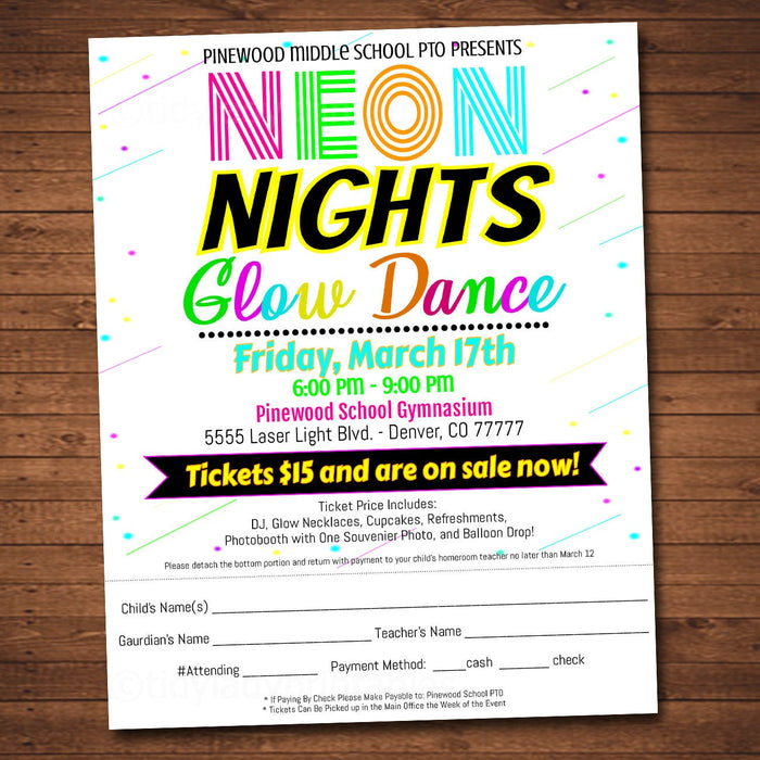 School Glow Dance Take Home Sheet With Detachable Bottom - DIY Editable Template