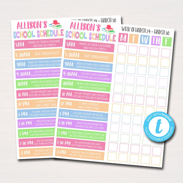 Homework Organizer, Kids Student Calendar Planner Printable Editable Template