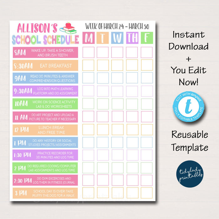 Homework Organizer, Kids Student Calendar Planner Printable Editable Template