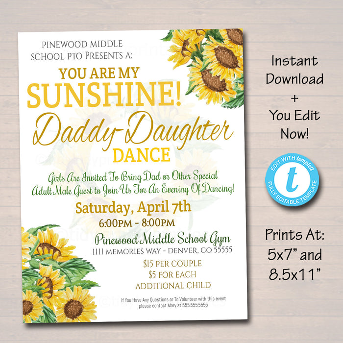 Daddy Daughter Dance, You Are my Sunshine Themed Sunflower Floral School Pto Pta Church Dance Flyer Invite Ticket Set, EDITABLE TEMPLATE