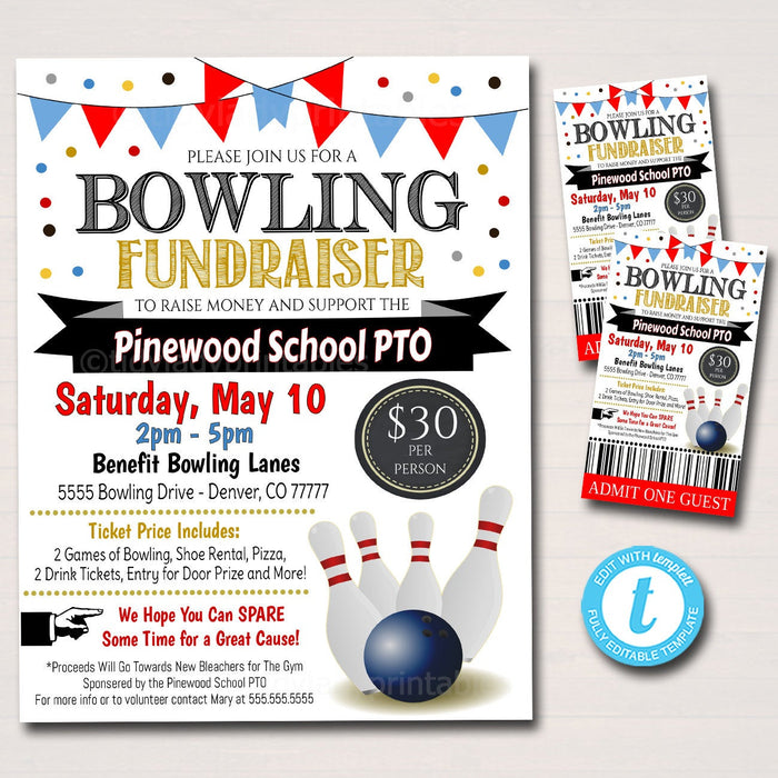 Bowling Fundraiser Flyer and Ticket Set - Editable Template