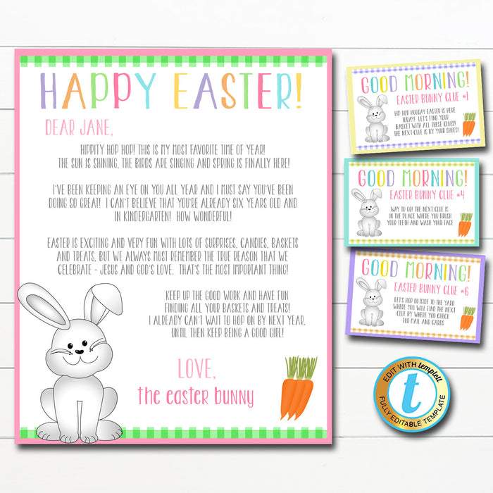 Easter Bunny Scavenger Hunt Game - Printable Clue Cards - Kids Easter Morning Letter From Easter Bunny, DIY Instant Download Editable Template