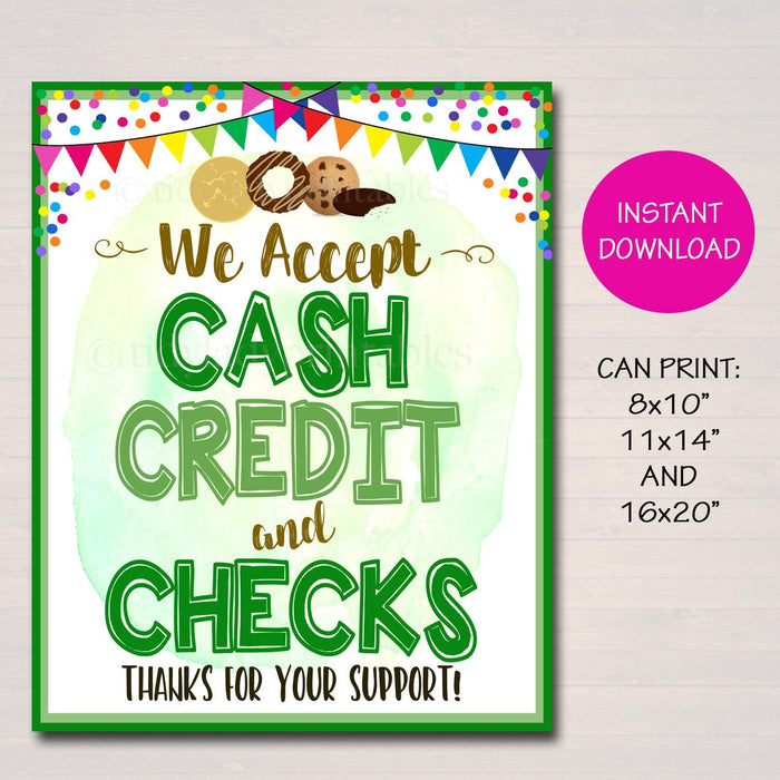 We Accept Payments Sign Cash, Credit Checks, Fundraising Booth, Bake Sale, Cookie Booth Printable Scouts Cookie Banner, Cookie Booth Poster