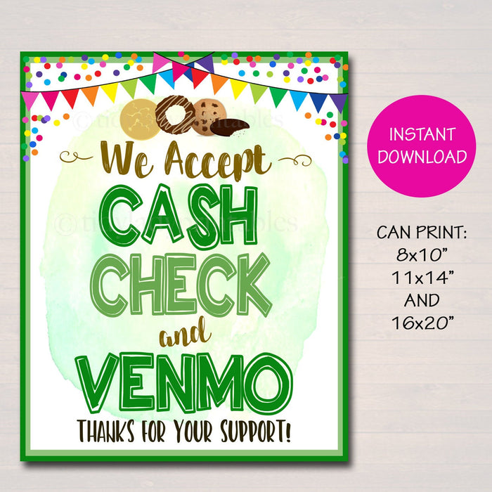 We Accept Payments Sign Cash, Credit Checks, Fundraising Booth, Bake Sale, Cookie Booth Printable Scouts Cookie Banner, Cookie Booth Poster