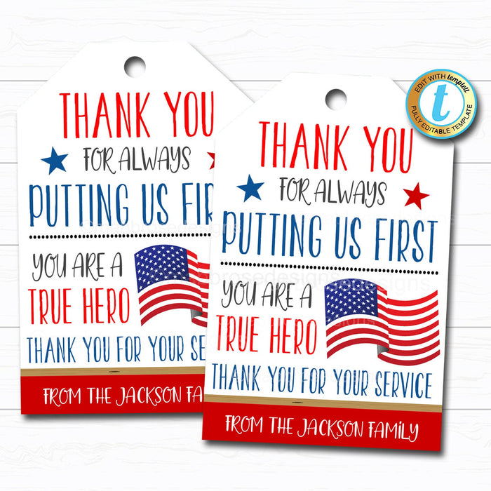 American Hero Appreciation Gift Tag - Thank You Gift Military Soldier First Responder, Police Patriotic Service Worker, DIY Editable Template