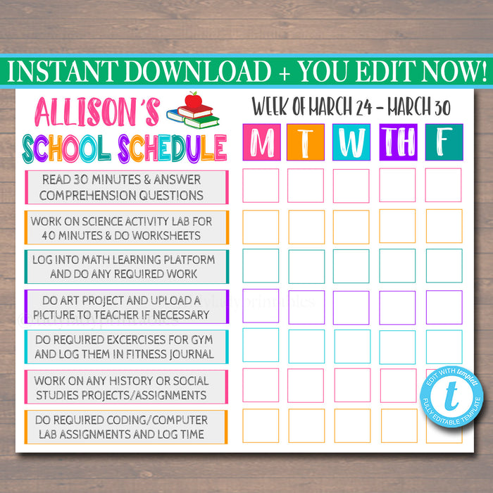 Printable Homeschool Schedule - Daily Subject Checklist DIY Editable Template