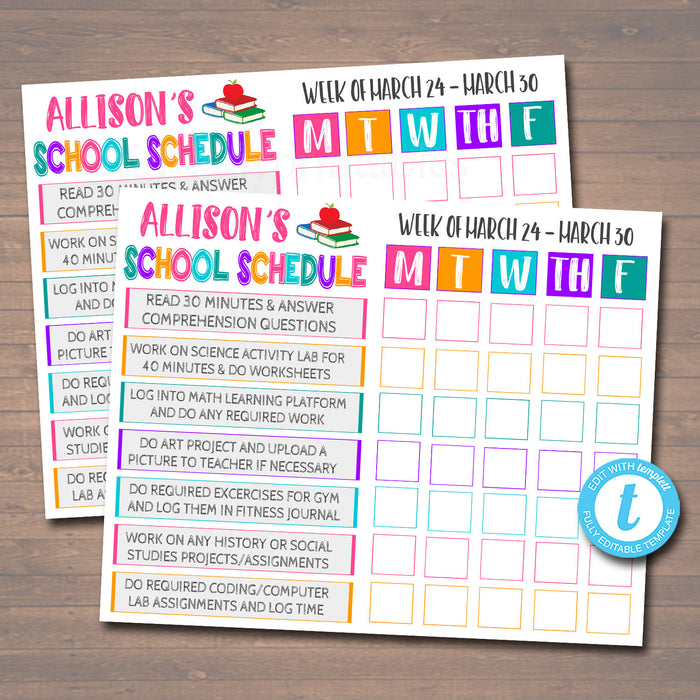 Printable Homeschool Schedule - Daily Subject Checklist DIY Editable Template