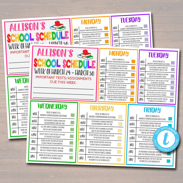 Daily Homework Organizer Kids Student Calendar Planner Printable Editable Template