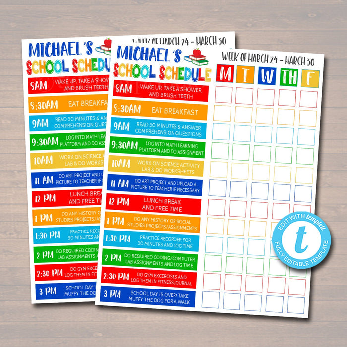 Homeschool Schedule - Daily Weekly Subject Checklist DIY Editable Template
