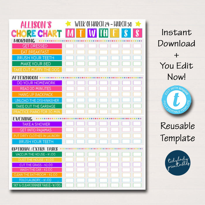 Kids Task Organizer Calendar Planner Printable Editable Template