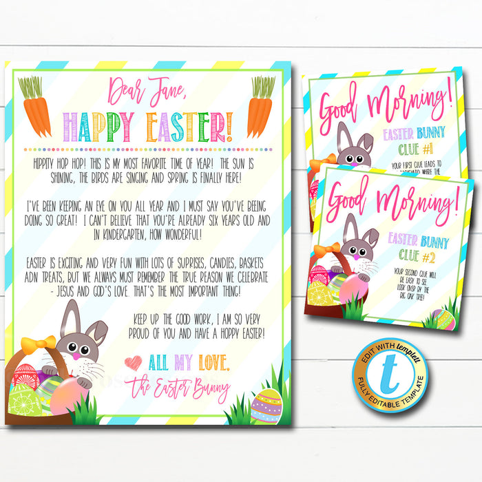 Easter Bunny Scavenger Hunt Game - Printable Clue Cards, Kids Easter Morning Letter From Easter Bunny - DIY Instant Download Editable Template