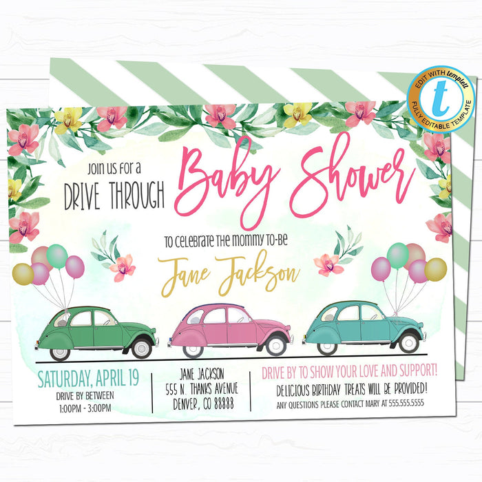 Drive By Baby Shower Parade Invitation -DIY Editable Template