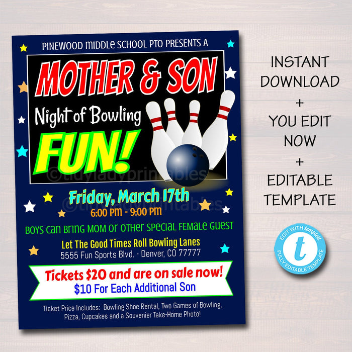 Mother Son Bowling Flyer - DIY Editable Template