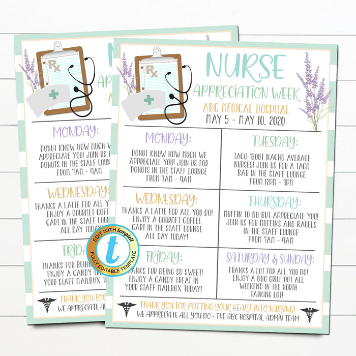 Nurse Appreciation Week Itinerary, Thank You Healthcare Workers Event, Hospital Staff Nurse Appreciation Schedule, INSTANT DOWNLOAD Template