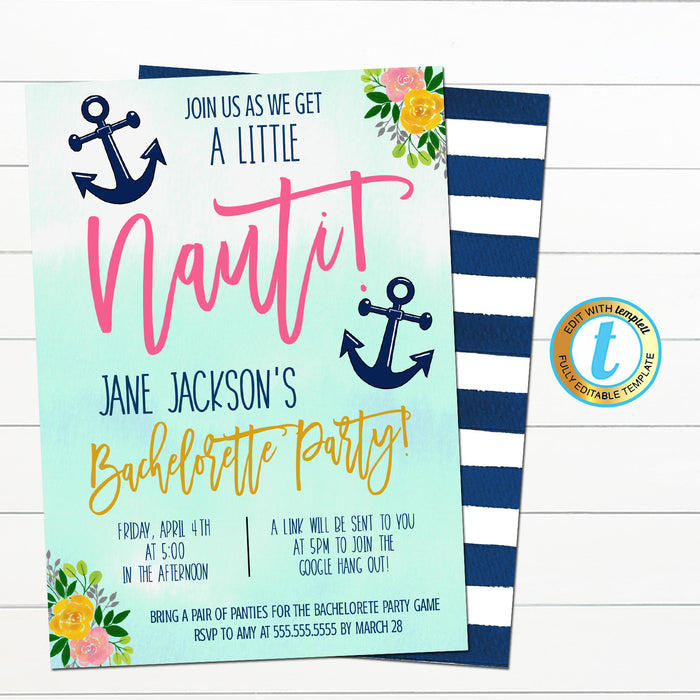 Nautical Bachelorette Party Invite, Let's get Nauti Girls Coastal Beach Boat Party