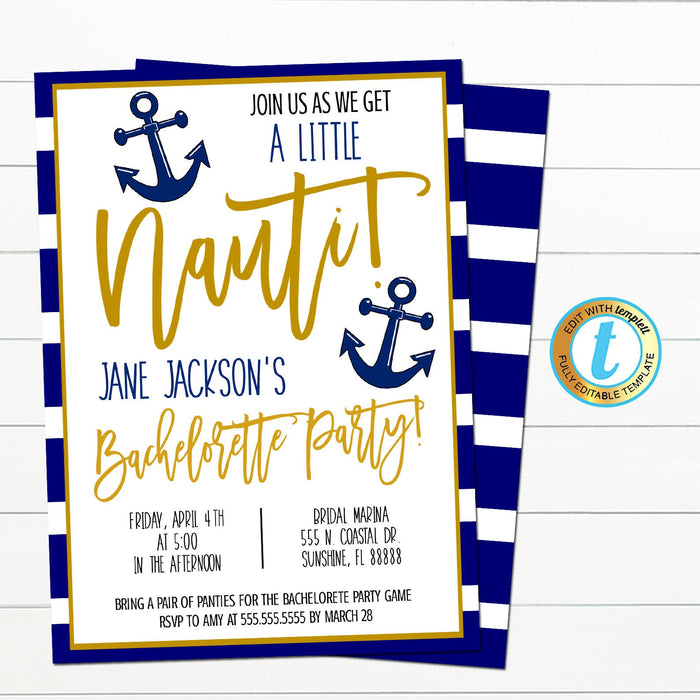 Nautical Bachelorette Party Invite, Let's get Nauti Girls Coastal Beach Boat Party - Editable Template