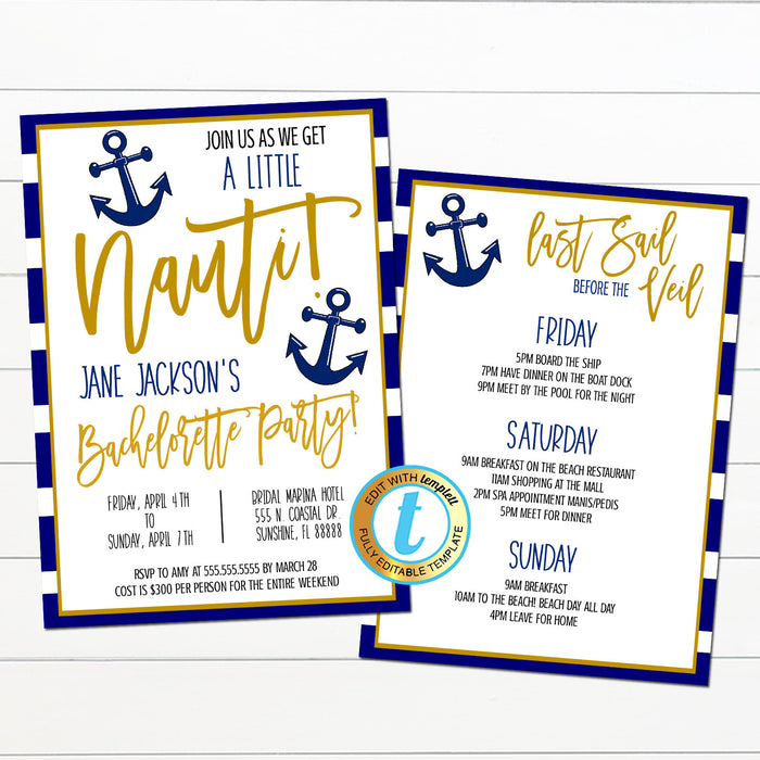 Nautical Bachelorette Weekend Party Invite, Let's get Nauti Girls Beach Boat Itinerary, Digital Bridal INSTANT DOWNLOAD Editable Template