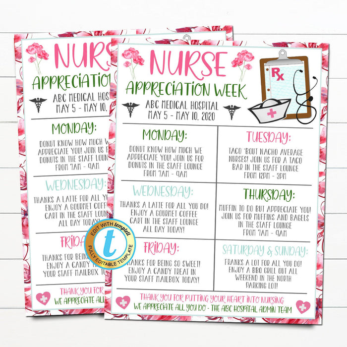 Nurse Appreciation Itinerary Set, Luncheon Invite, Thank You Tag, Healthcare Hospital Staff Appreciation Week, INSTANT DOWNLOAD Templates