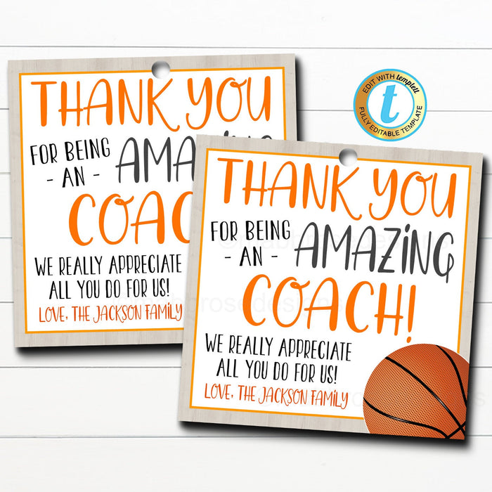Basketball Coach Gift Tag, School Sports Team Appreciation - DIY Editable Template